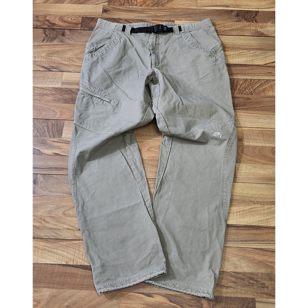 MOUNTAIN HARDWEAR Men Hiking Pants Belted Sz L Canvas Cotton Beige Taupe Pockets